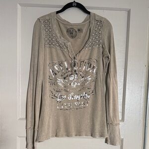 Affliction Women's Tan Graphic Long Sleeve Blouse